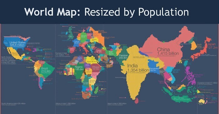 17. Карта мира, размер изменен в соответствии с численностью населения