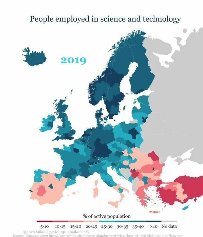 25. Процент населения, занятого в науке и технологиях в Европе
