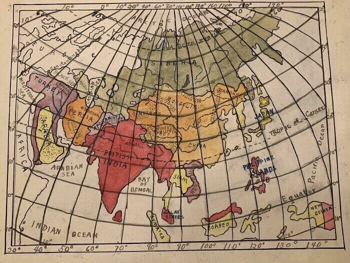 9.  "А это его нарисованная им в то же время карта Азии. Ему было тогда 12 лет"