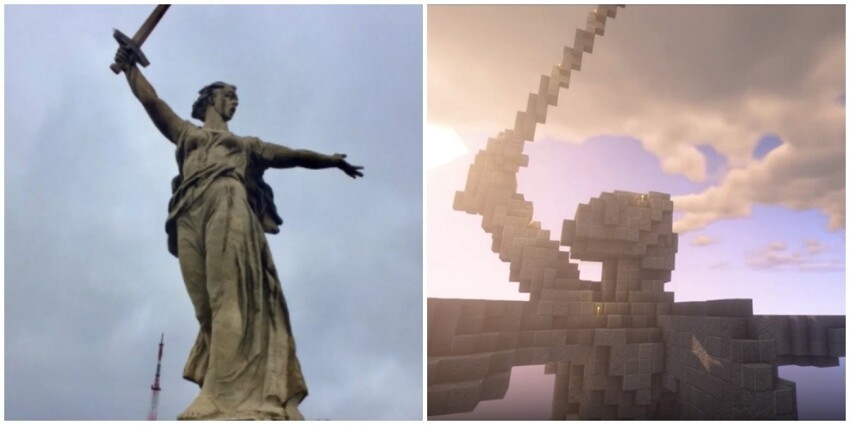 Российские школьники создали в Minecraft&nbsp;копию статуи "Родина-мать зовёт!" с мечом в левой руке