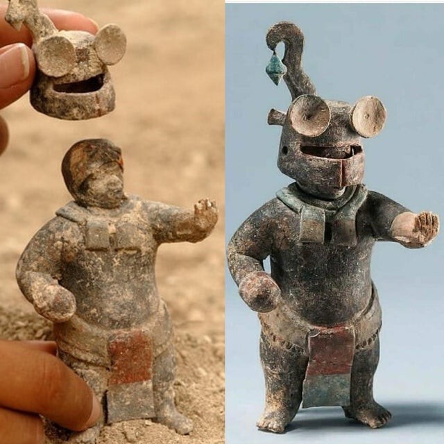 1500-летняя керамическая статуэтка Майя со съемным шлемом, из Эль-Перу-Вака, Петен, Гватемала