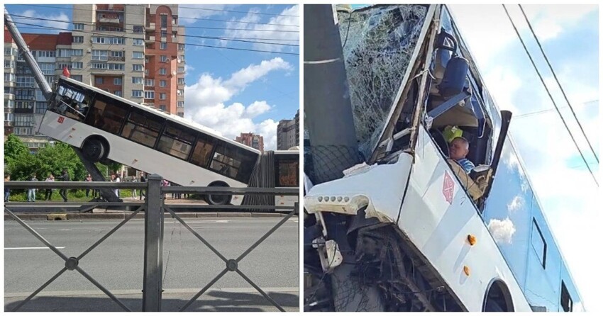 В Петербурге автобус врезался в мачту освещения и повис на ней