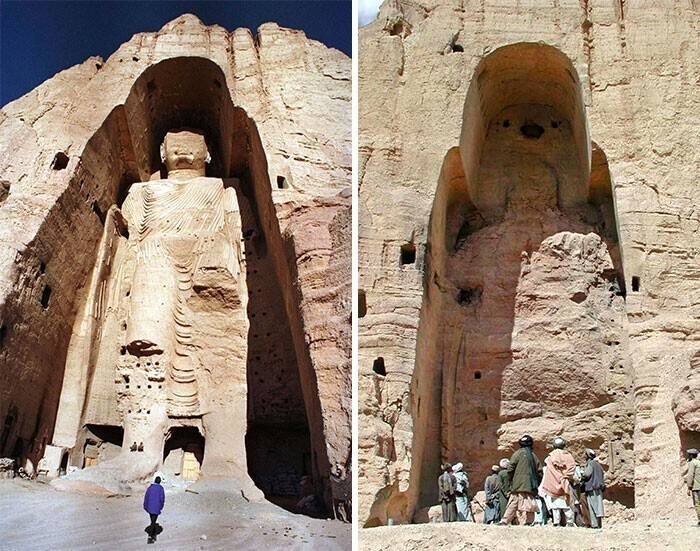 Будды Бамиана, две статуи VI в.н.э., были взорваны и разрушены в марте 2001 года талибами по приказу лидера талибов, муллы Мохаммеда Омара