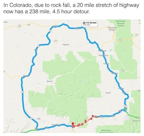 "Собирался проехать 30 километров по Колорадо в соседний город. Но из-за дороги, перекрытой камнепадом, пришлось ехать 4,5 часа в объезд"