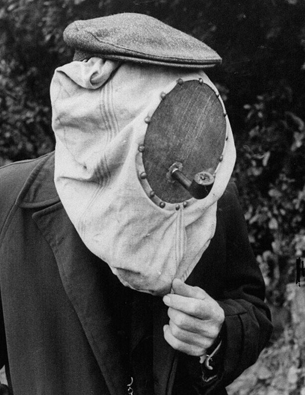 Голландский пчеловод в специальной защитной маске с отверстием для трубки,чей дым помогает отпугивать насекомых, 1956 год.
