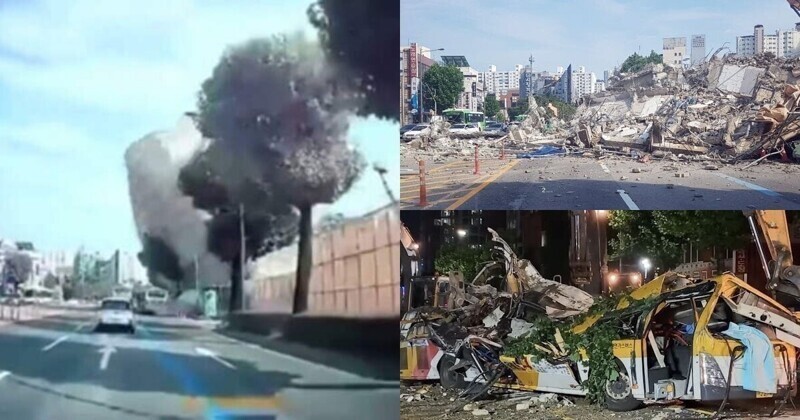 Южнокорейская пятиэтажка рухнула на пассажирский автобус