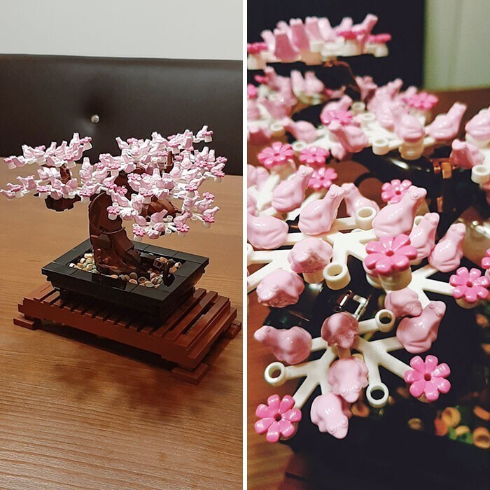 Цветки на бонсаи из Лего сделаны в форме маленьких розовых лягушек