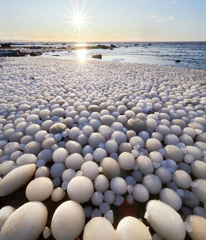 "Ледяные яйца" на севере Финляндии. Такой эффект возникает, когда ветер и волны долго обкатывают ледяные глыбы