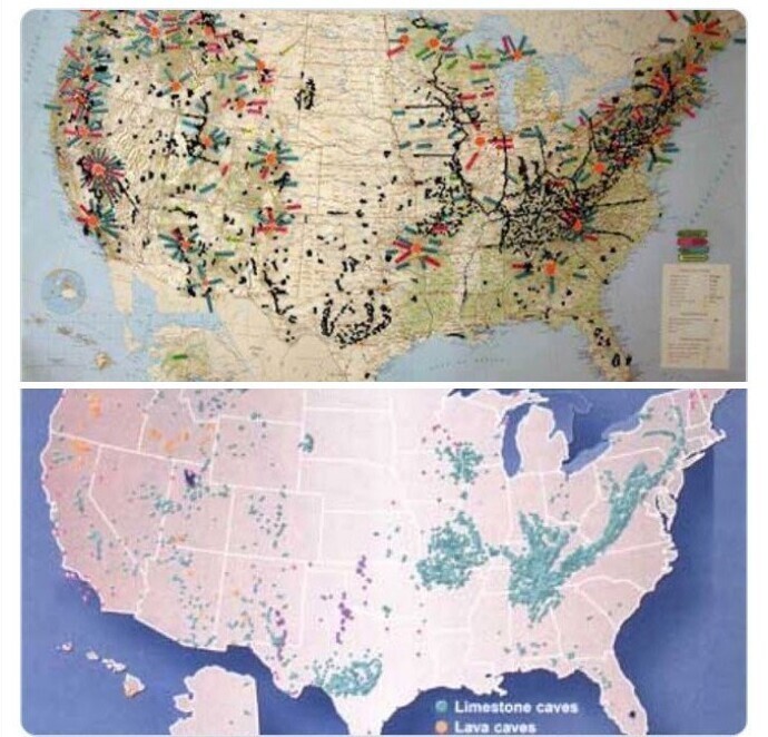 Верхняя карта показывает места бесследного исчезновения людей в США. Нижняя - карта самых ольших пещер Америки