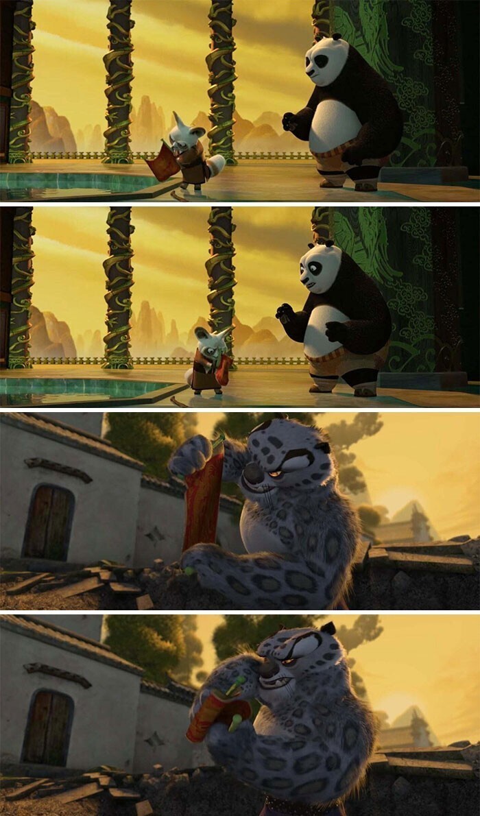 В «Кунг-фу Панда» (2008), когда Шифу и Тай Лунг впервые увидели пустой свиток дракона,они реагировали одинаково: они смотрели на него сбоку, складывали и снова открывали. Яблоко от яблони