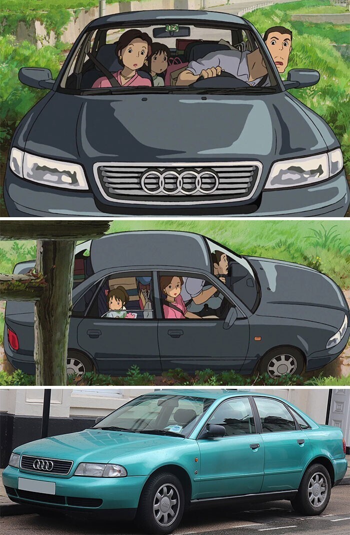 Унесенные призраками (2001), семейный автомобиль основан на Audi A4 1.8t, середины 1990-х. Съемочная группа даже объездила Audi A4 1.8t по неровным дорогам и записала звуки, чтобы сделать фильм максимально точным