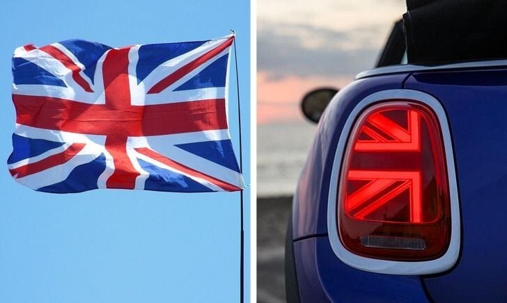Задние фары MINI Купера светят фрагментами британского флага