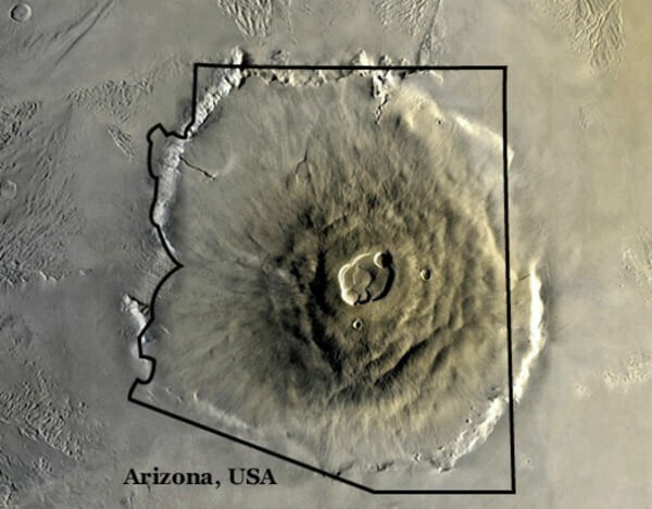 3. Вулкан Олимп-Монс на Марсе по сравнению со штатом Аризона