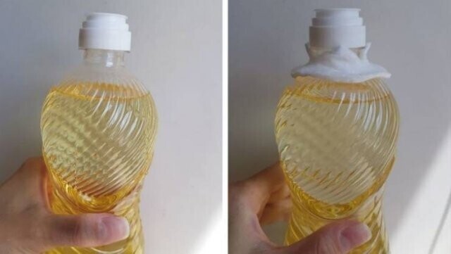 5. "Если масло стекает по бутылке и пачкает ее, наденьте на нее сверху ватный диск"