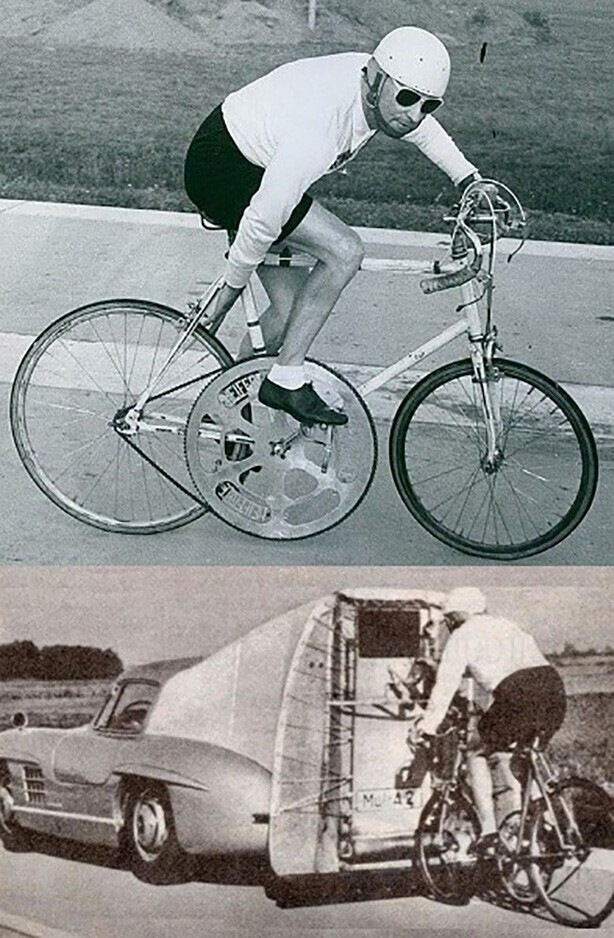 Жозе Мейффре и его легендарный велосипед, на котором он в 1962 году устоновил рекорд скорости. Разгоняясь в воздушном мешке позади Mercedes-Benz 300SL , велогонщик развил скорость 204,73 км /ч . Рекорд продержался 20 лет.