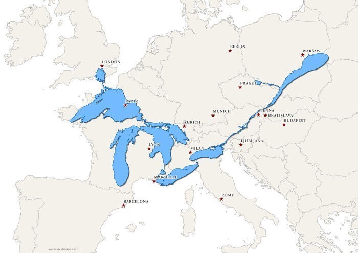Так выглядели бы Великие озера и река Сен-Лоран на карте Европы