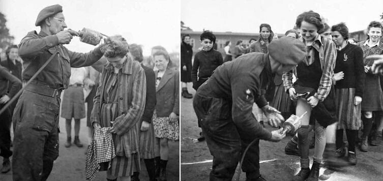 1945 год. На фотографии запечатлён британский сержант-медик, который проводит дезинфекцию бывших узниц концлагеря Берген-Бельзен