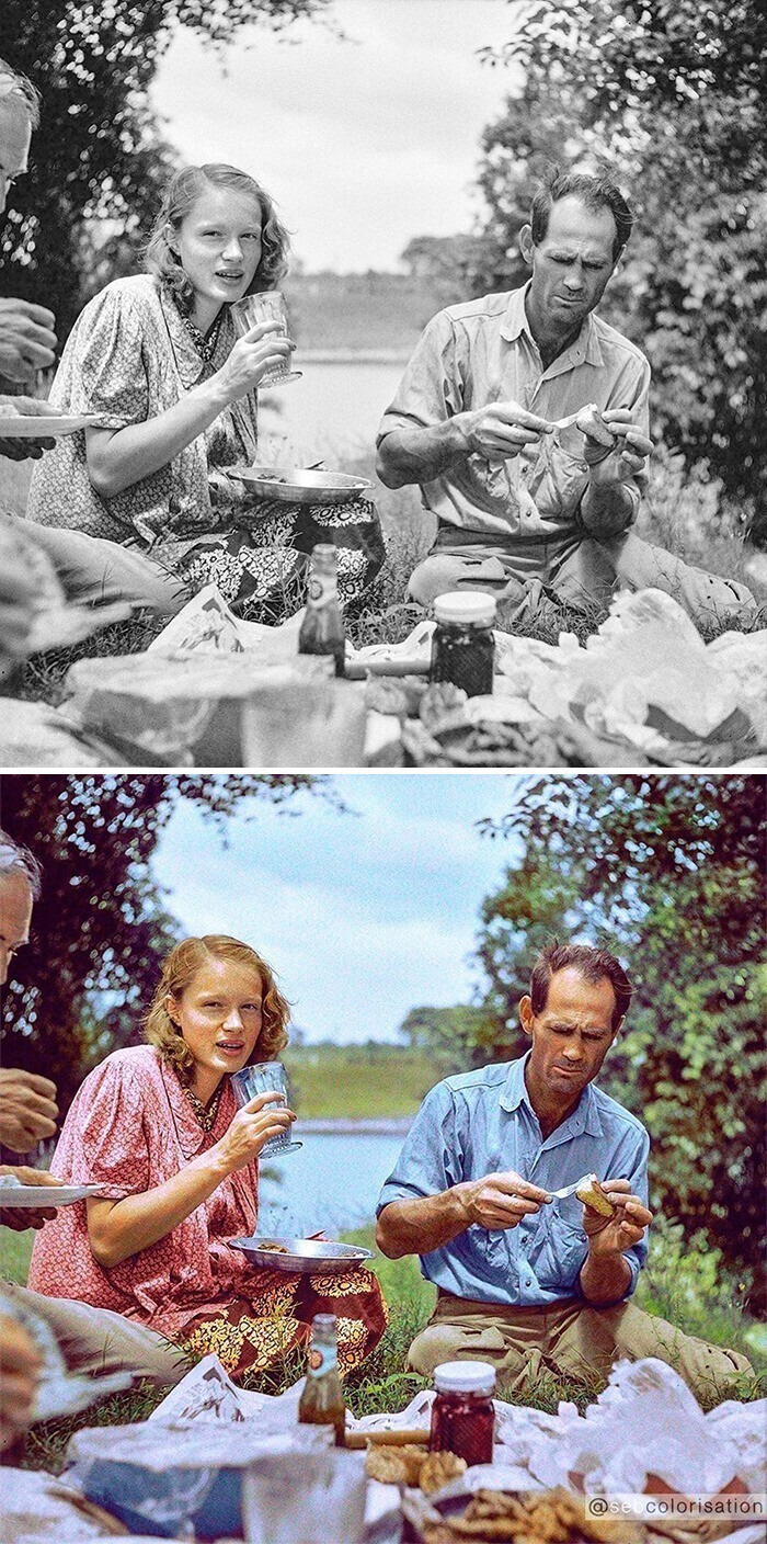 Семейный пикник у речки в Начиточисе, Луизиана, 1940  - Марион Пост Уолкотт