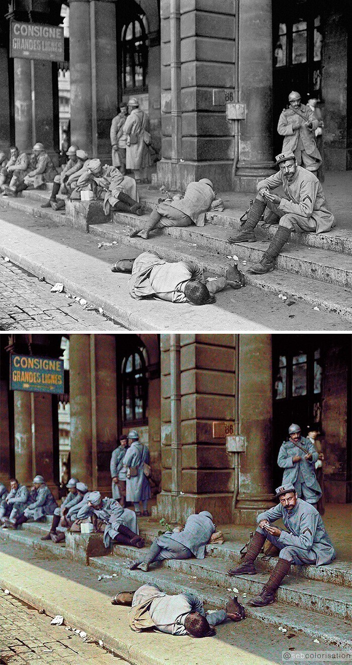 Французские солдаты в увольнении в Париже, Восточный вокзал, 1916