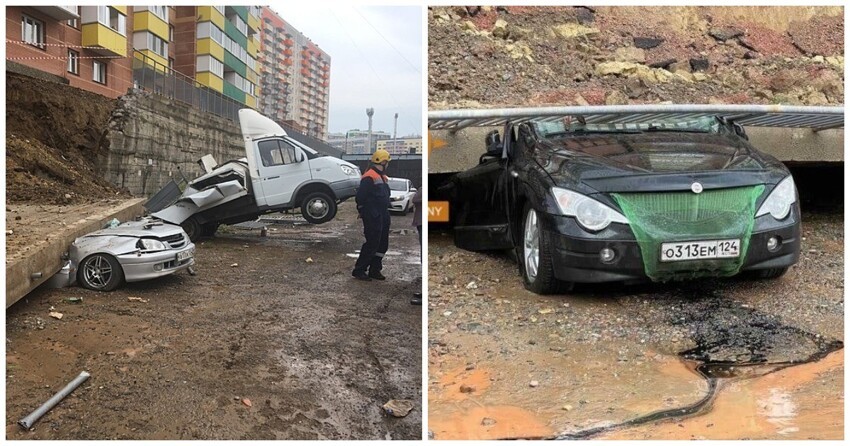В Красноярске рухнула подпорная стена дома, похоронив под собой несколько автомобилей
