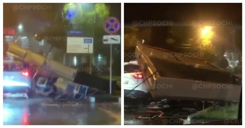 Из-за непогоды в Сочи рекламный щит рухнул на автомобиль