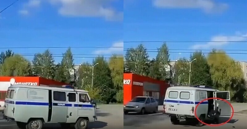 В Пермском крае на видео попал полицейский, на полном ходу выпавший из служебного авто