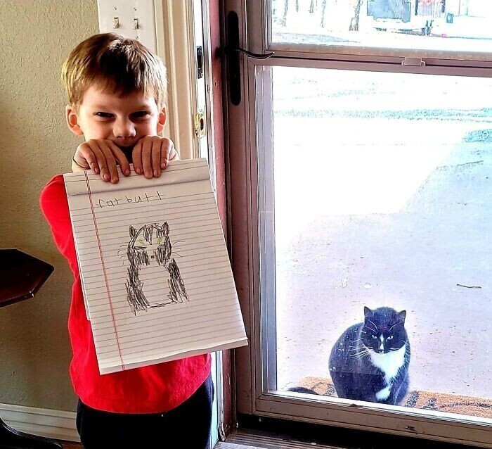 "Мой внук нарисовал кота, который настойчиво хочет зайти к нам в гости"