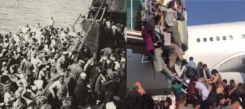 Горькая ирония истории в фотографиях. Ровно через сто лет та же картинка: эвакуация в эмиграцию
