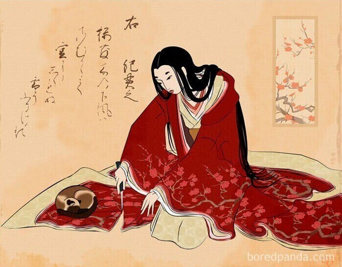 Старая японская картина: "Женщина отрезает кусок кимоно, потому что на нем спит кошка"