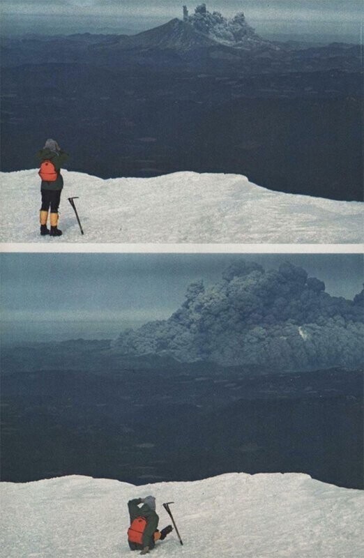 9. Фотография туристки, наблюдающей за извержением вулкана Сент-Хеленс с горы Адамс, примерно в 60 км к востоку