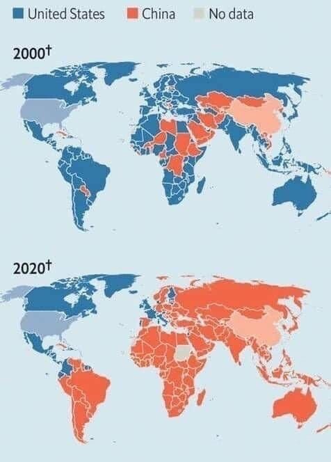 
Вы хоть понимаете, что натворили?
На карте кто есть основной партнёр для страны.
Синие - США.
Красные (о ужас) - Китай.
