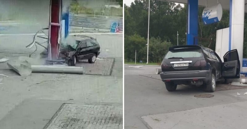 Авария дня.  В Новосибирской области пьяный водитель влетел в бензоколонку