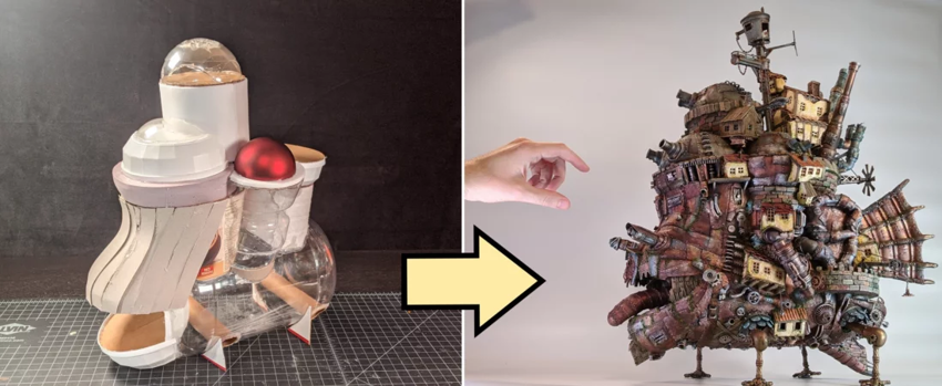 Американский ютубер собрал из мусора полуметровую модель «Ходячего замка» из мультфильма Миядзаки