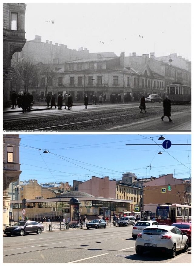 Угол Среднего проспекта В.О. И 7‑й линии.
~1960 и 2021 год.