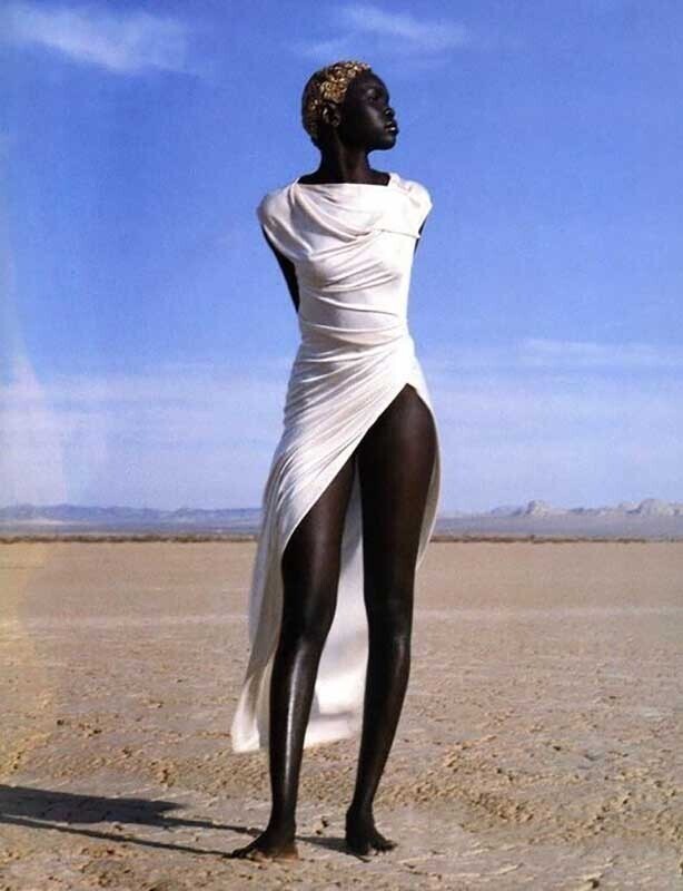 Алек Век английская топ-модель африканского происхождения, динка по национальности. Она говорит, что её имя означает «Чёрная пятнистая корова».  Фотограф Херб Ритцц для журнала Vogue 1999 год