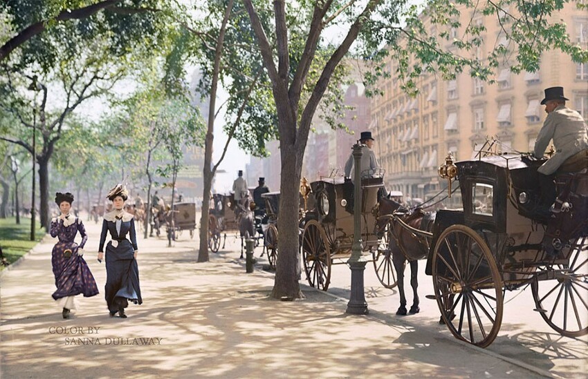 14. "Стоянка такси" в парке Мэдисон-сквер, Нью-Йорк, примерно 1900 год