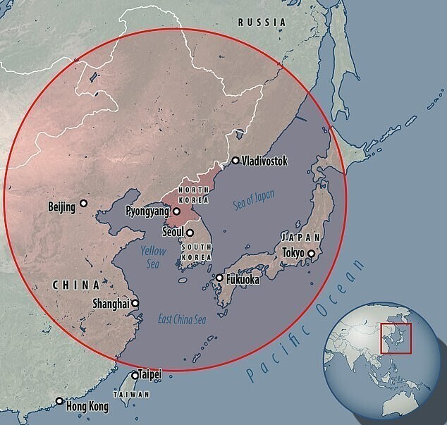 Район, который потенциально могут поразить северокорейские крылатые ракеты нового типа
