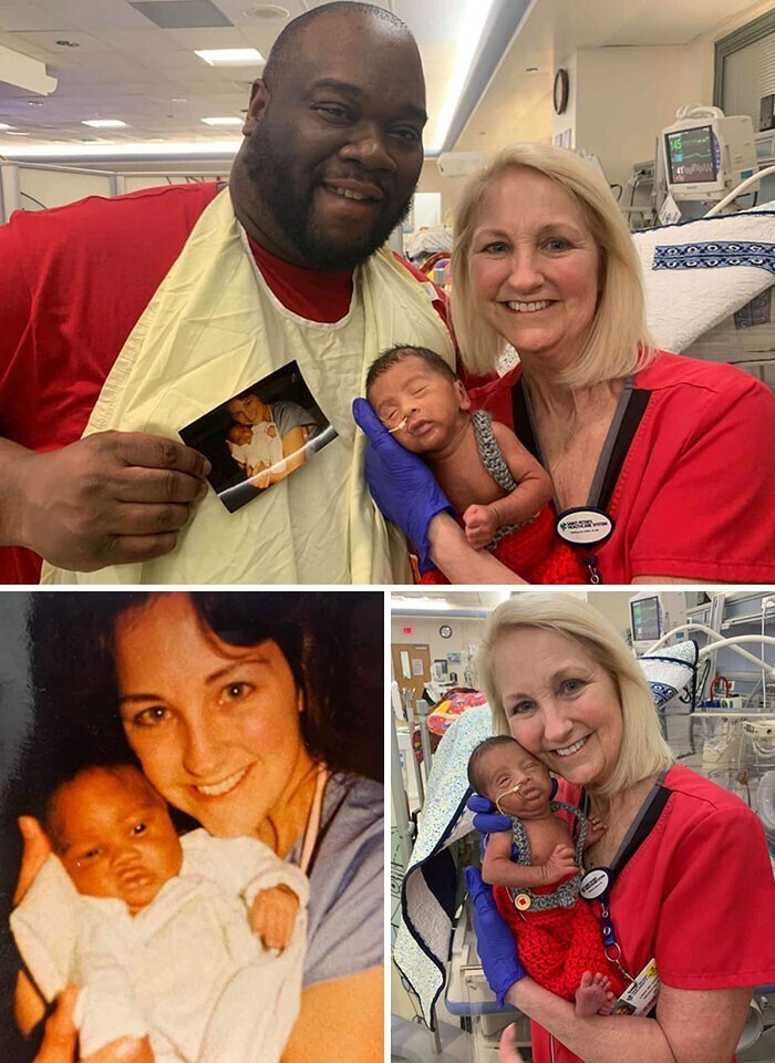 Эта медсестра из роддома ухаживала за этим мужчиной, когда он родился, а теперь - за его сыном