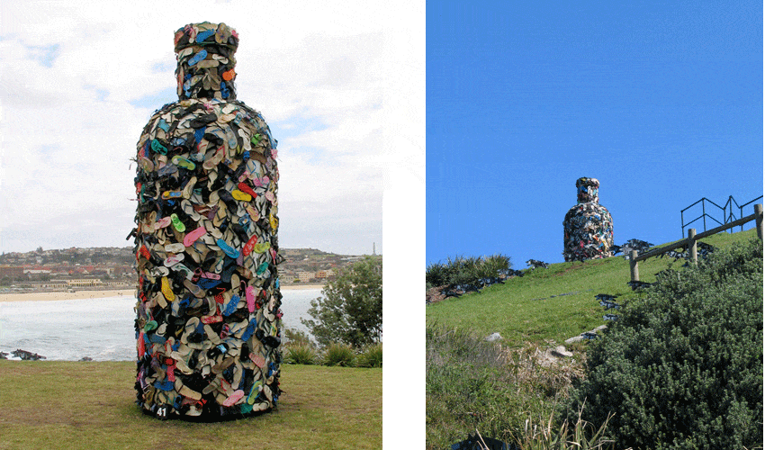 Джон Дальсен, создатель этой установки, собрал тысячи шлепанцев, чтобы создать свою инсталляцию в форме бутылки, посвященную загрязнению окружающей среды
