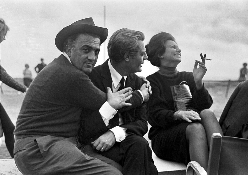 Федерико Феллини с Марчело Мастроянни и Софи Лорен. Италия. 1963 год