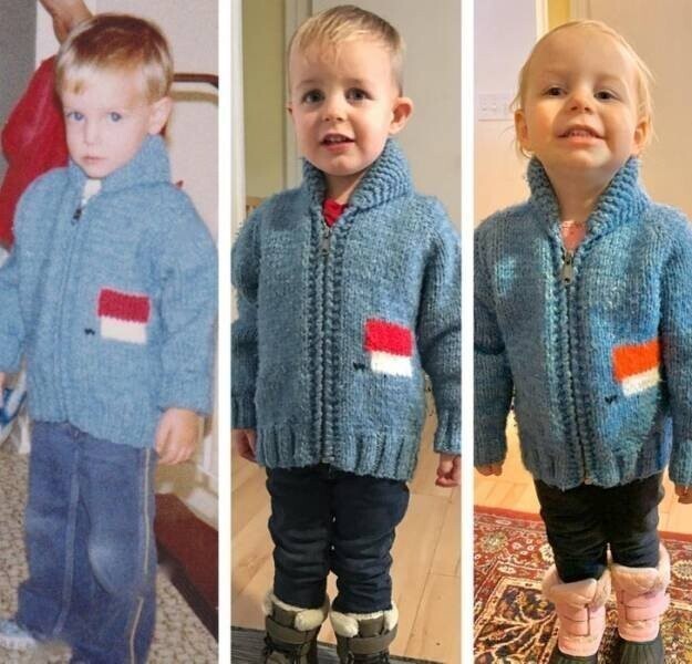 "Слева - я в любимом свитере в 1981 году. Справа - мой сын в этом же свитере в 2-17 году и моя дочь в нем же в 2020-м"