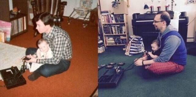 "Слева - мой муж с его отцом играют в приставку в 1984 году, справа - мой муж со своей дочерью играет в ту же самую приставку в 2018-м"