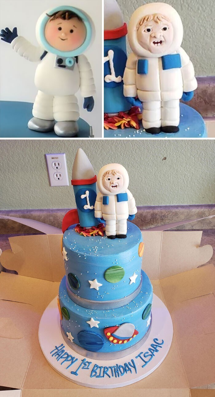 "Сыну исполнился один год. Мы заказали для него космический торт. На образце все было нормально, нов жизни космонавт оказался каким-то старым и злобным"
