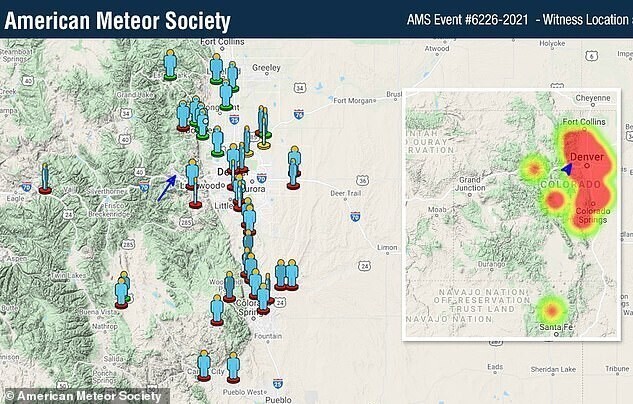 Судя по карте, составленной American Meteor Society, суперболид наблюдали не только в Колорадо, но и в Вайоминге и Нью-Мексико