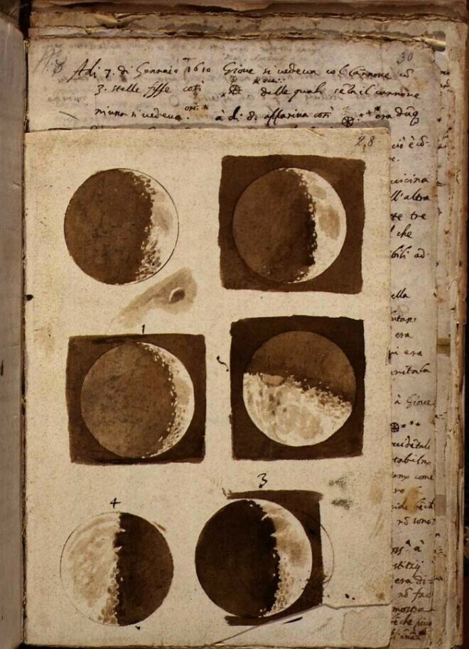 Первые рисунки Луны, сделанные Галилео Галилеем после наблюдения за ней в телескоп в 1609 году