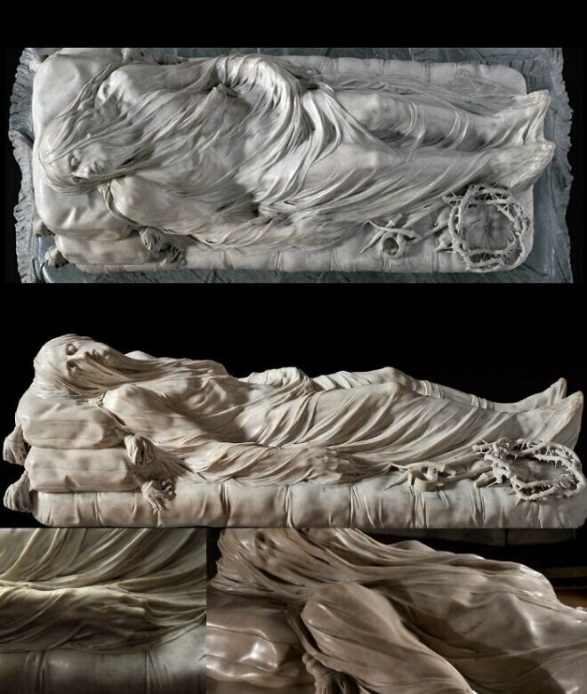 Христос, мраморная скульптура 1753 года Джузеппе Санмартино, выставленная в Капелле Сансеверо в Неаполе. Благодаря невероятным деталям, легенда гласила, что статуя была покрыта настоящей вуалью и со временем медленно превращалась в мрамор с помощью х