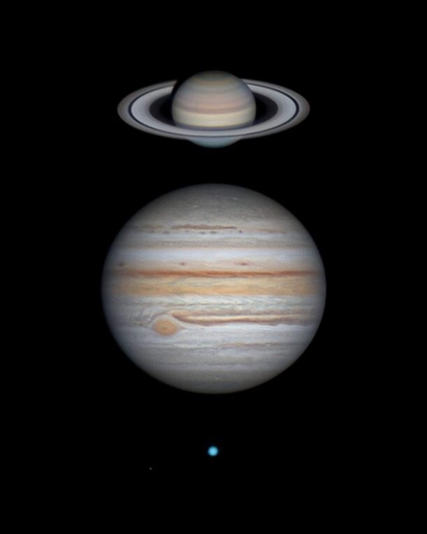 Сатурн, Юпитер и Нептун на одинаковом увеличении.