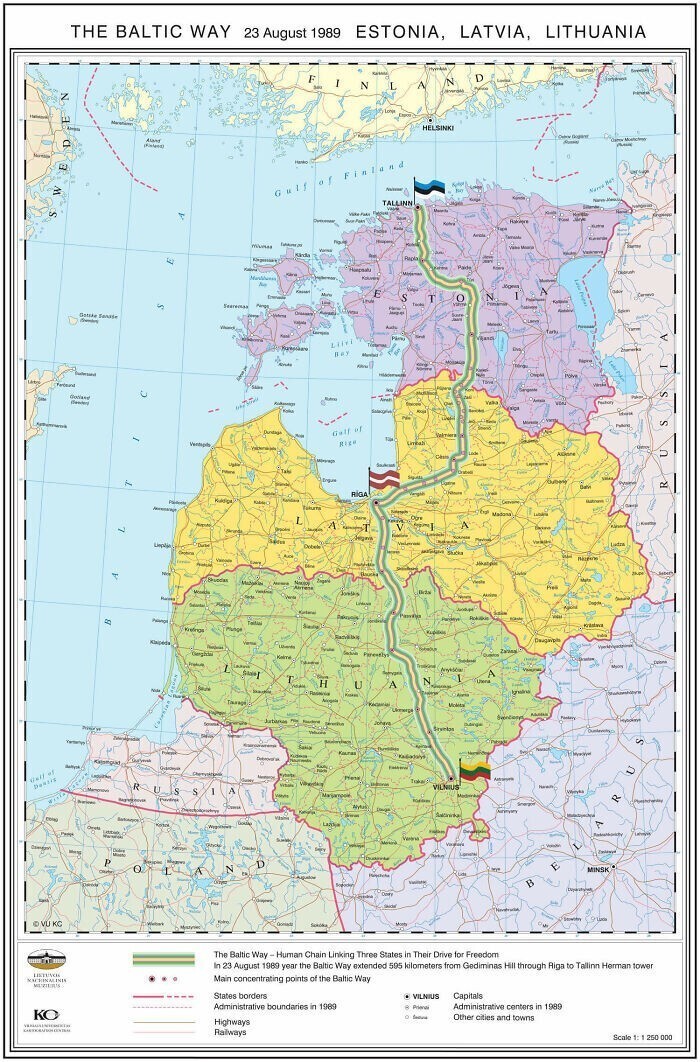 3. Балтийский путь. 23 августа 1989 года два миллиона человек объединились в человеческую цепочку, протянувшуюся на 675,5 км через три балтийских государства