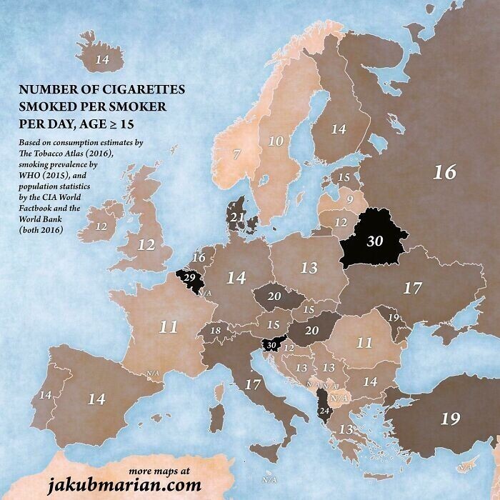 34. Количество выкуриваемых сигарет на человека в день в европейских странах