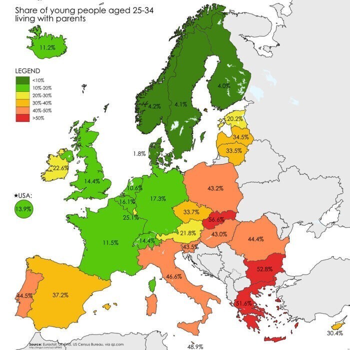 21. Доля молодых людей в возрасте от 25 до 34 лет, проживающих с родителями, Европа